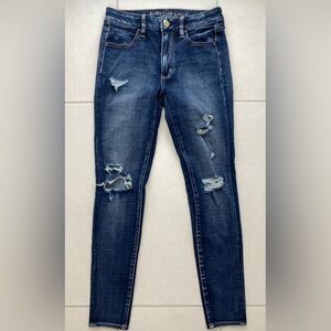American Eagle Outfitters Dark-Wash Distressed Blue Skinny Hi-Rise Jeans - Sz 6